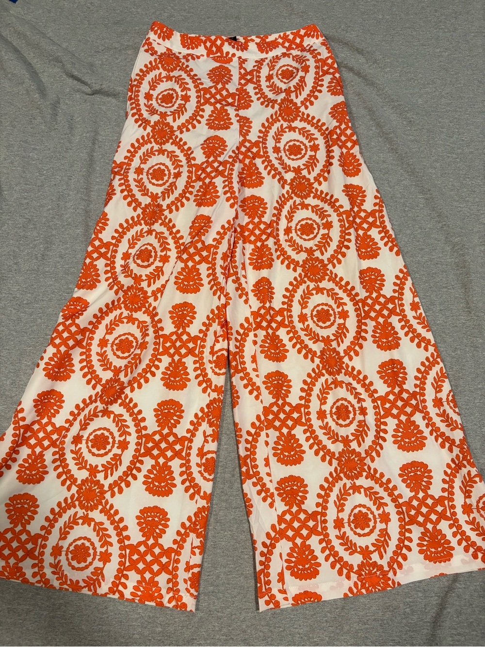 White Wide-Leg Pants with Orange Medallion Print